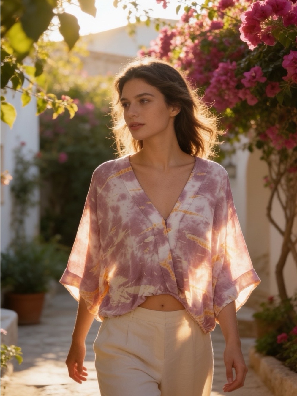 Young Fabulous & Broke Lavender and Cream Tie-Dye V-Neck Boxy Blouse